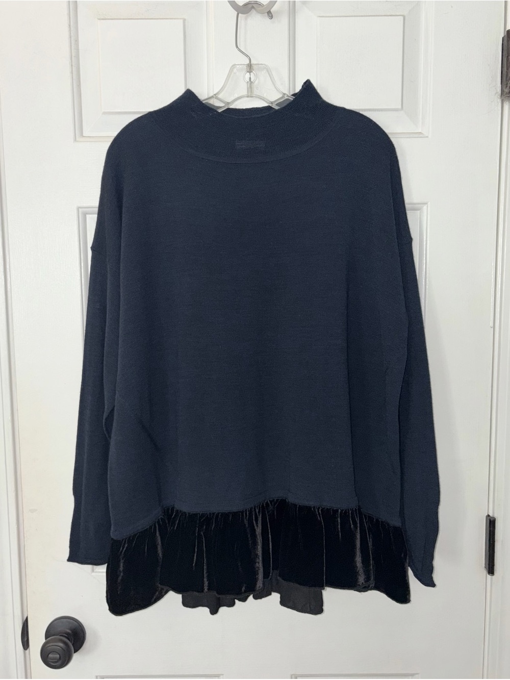 Wrap London Navy Merino Wool Peplum Sweater with Silk Velvet Trim